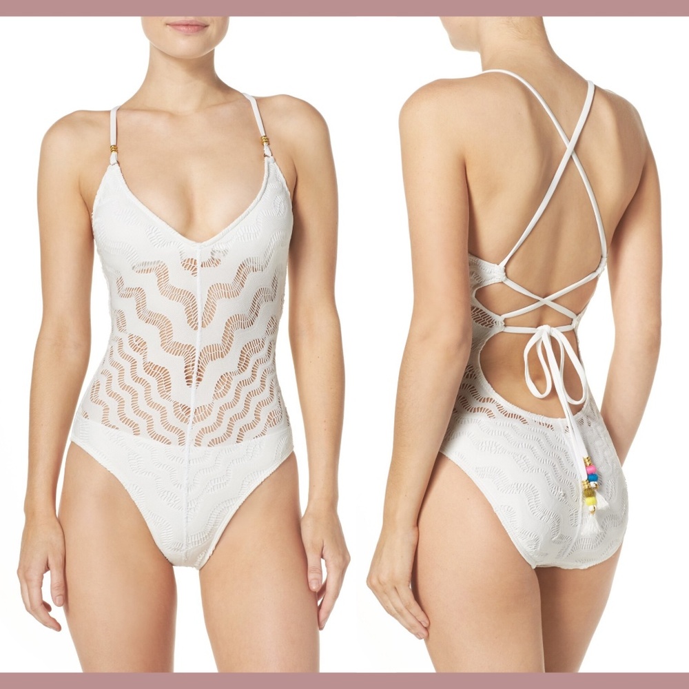 NWT Robin Piccone Aria‎ Crochet One-Piece Swimsuit White [SZ 14 ]